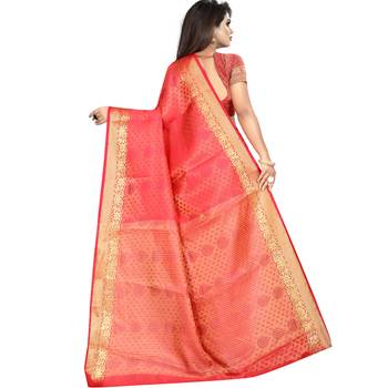 Pink woven tussar silk saree with blouse 2