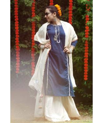 Navy and Ivory Sharara Set-Set of three 3