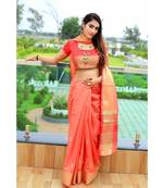Peach Woven Raw Silk Saree With Blouse