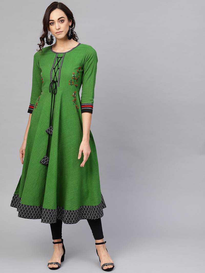 Women's  green Cotton Slub Embroidered Anarkali Kurta