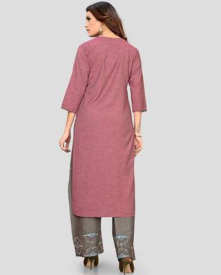 Pink & Grey Embroidered Rayon Stitched Straight Women's Kurta With Palazzo Set 2