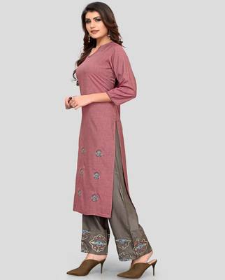 Pink & Grey Embroidered Rayon Stitched Straight Women's Kurta With Palazzo Set 3