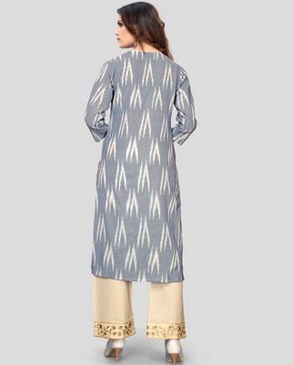 Grey & Beige Embroidered Cotton Stitched Straight Women's Kurta With Palazzo Set 2