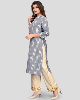 Grey & Beige Embroidered Cotton Stitched Straight Women's Kurta With Palazzo Set 3