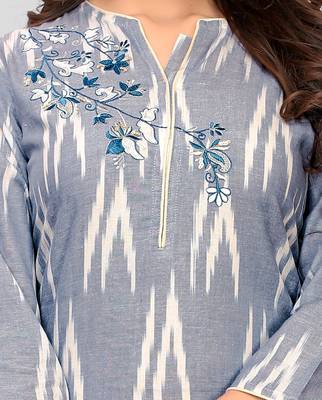Grey & Beige Embroidered Cotton Stitched Straight Women's Kurta With Palazzo Set 1