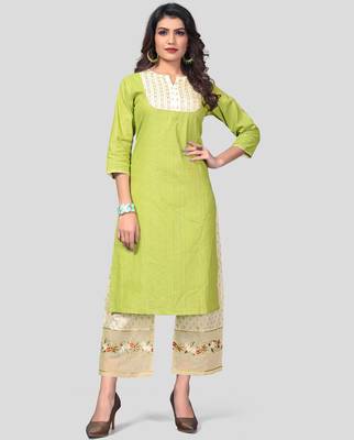 Parrot Green & Beige Embroidered Cotton Stitched Straight Women's Kurta With Palazzo Set 1