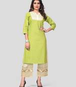 Parrot Green & Beige Embroidered Cotton Stitched Straight Women's Kurta With Palazzo Set