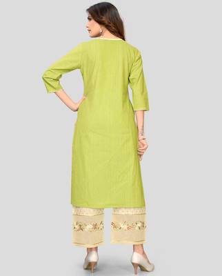 Parrot Green & Beige Embroidered Cotton Stitched Straight Women's Kurta With Palazzo Set 2
