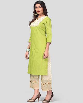 Parrot Green & Beige Embroidered Cotton Stitched Straight Women's Kurta With Palazzo Set 3