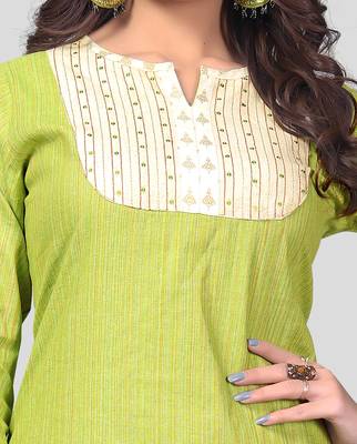 Parrot Green & Beige Embroidered Cotton Stitched Straight Women's Kurta With Palazzo Set 4