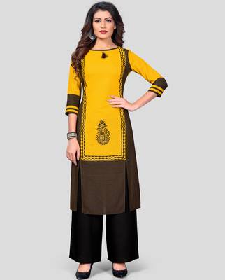 Yellow & Black Printed Rayon Stitched Straight Women's Kurta With Palazzo Set 1