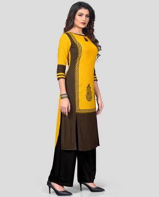 Yellow & Black Printed Rayon Stitched Straight Women's Kurta With Palazzo Set 3