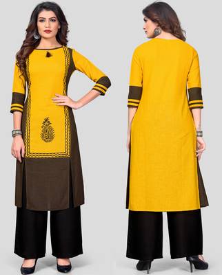 Yellow & Black Printed Rayon Stitched Straight Women's Kurta With Palazzo Set 5