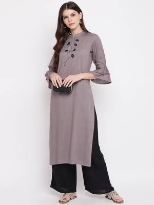 Grey & Black Hand Work Rayon Stitched Straight Women's Kurta With Palazzo Set 1