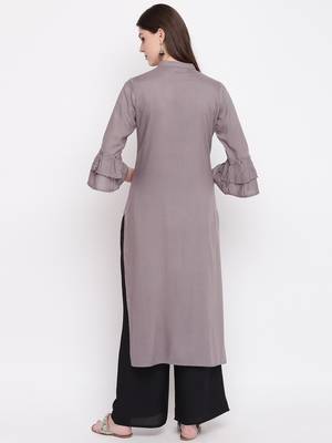 Grey & Black Hand Work Rayon Stitched Straight Women's Kurta With Palazzo Set 2
