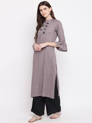 Grey & Black Hand Work Rayon Stitched Straight Women's Kurta With Palazzo Set 3
