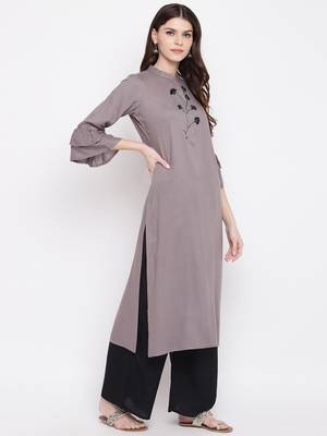 Grey & Black Hand Work Rayon Stitched Straight Women's Kurta With Palazzo Set 4