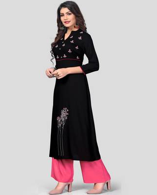 Black & Peach Embroidered Rayon Stitched A-Line Women's Kurta With Palazzo Set 1