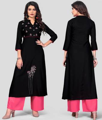 Black & Peach Embroidered Rayon Stitched A-Line Women's Kurta With Palazzo Set 3