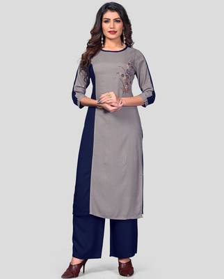 Grey & Blue Embroidered Rayon Stitched Straight Women's Kurta With Palazzo Set 1