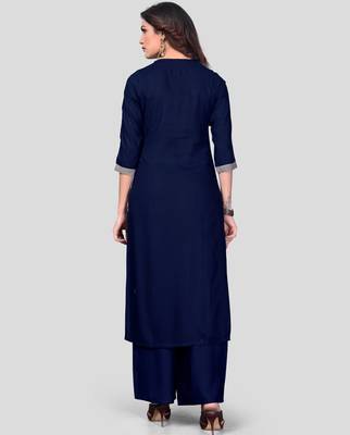 Grey & Blue Embroidered Rayon Stitched Straight Women's Kurta With Palazzo Set 2