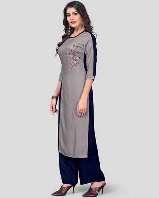 Grey & Blue Embroidered Rayon Stitched Straight Women's Kurta With Palazzo Set 3