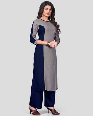 Grey & Blue Embroidered Rayon Stitched Straight Women's Kurta With Palazzo Set 4