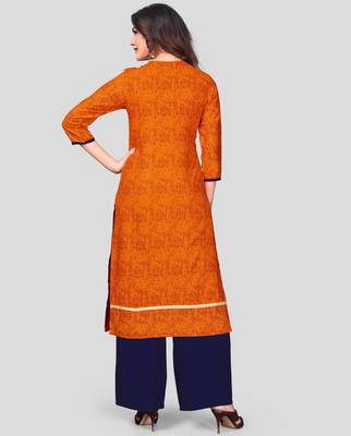 Orange & Blue Embroidered Rayon Stitched Straight Women's Kurta With Palazzo Set 2