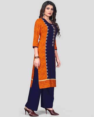 Orange & Blue Embroidered Rayon Stitched Straight Women's Kurta With Palazzo Set 3