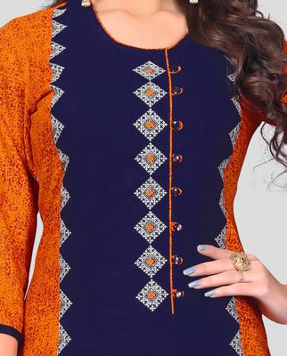 Orange & Blue Embroidered Rayon Stitched Straight Women's Kurta With Palazzo Set 4
