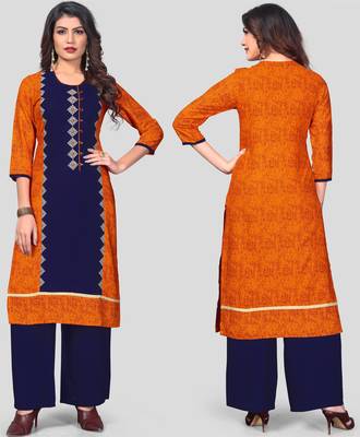 Orange & Blue Embroidered Rayon Stitched Straight Women's Kurta With Palazzo Set 1