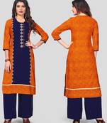 Orange & Blue Embroidered Rayon Stitched Straight Women's Kurta With Palazzo Set