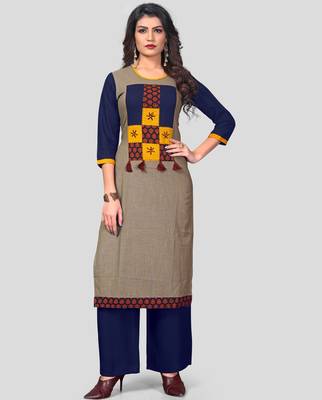 Multicolor & Blue Printed Slub Cotton Stitched Straight Women's Kurta With Palazzo Set 1