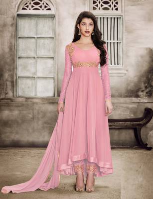 Pink Embroidered Faux Georgette Salwar With Dupatta 1