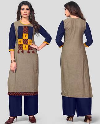 Multicolor & Blue Printed Slub Cotton Stitched Straight Women's Kurta With Palazzo Set 5
