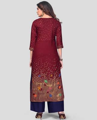 Maroon & Blue Printed Rayon Stitched Straight Women's Kurta With Palazzo Set 2