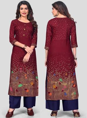 Maroon & Blue Printed Rayon Stitched Straight Women's Kurta With Palazzo Set 5