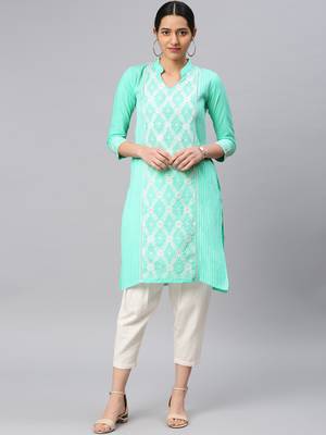Sea-green embroidered cotton chikankari-kurtis 1