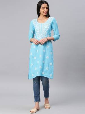 Sky-blue embroidered cotton chikankari-kurtis 1
