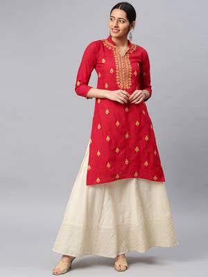Red embroidered cotton chikankari-kurtis 1