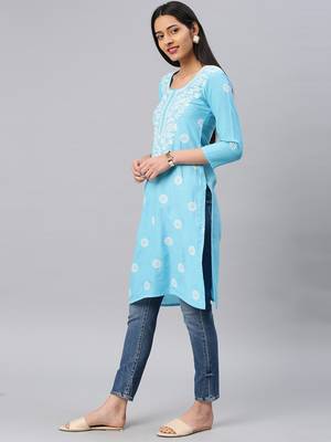 Sky-blue embroidered cotton chikankari-kurtis 3