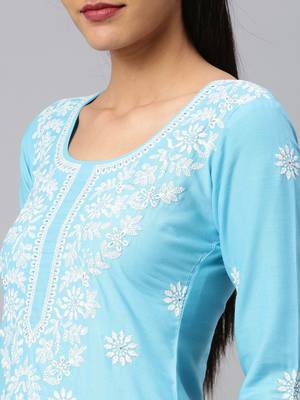 Sky-blue embroidered cotton chikankari-kurtis 4