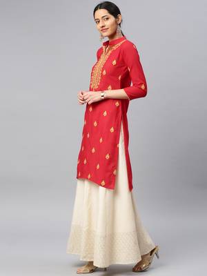 Red embroidered cotton chikankari-kurtis 3
