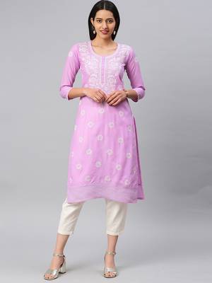 Pink embroidered cotton chikankari-kurtis 1