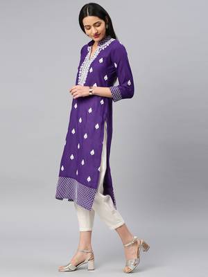 Purple embroidered cotton chikankari-kurtis 3