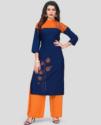 Blue & Orange Embroidered Rayon Stitched Straight Women's Kurta With Palazzo Set 1