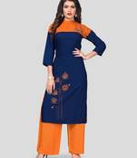 Blue & Orange Embroidered Rayon Stitched Straight Women's Kurta With Palazzo Set