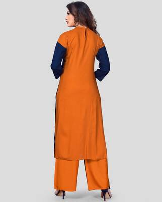 Blue & Orange Embroidered Rayon Stitched Straight Women's Kurta With Palazzo Set 2