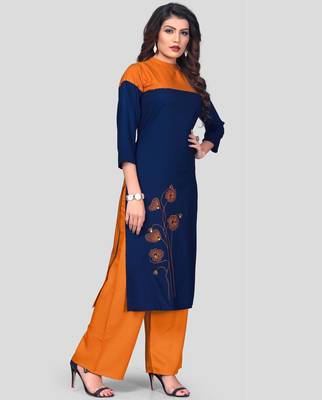 Blue & Orange Embroidered Rayon Stitched Straight Women's Kurta With Palazzo Set 3