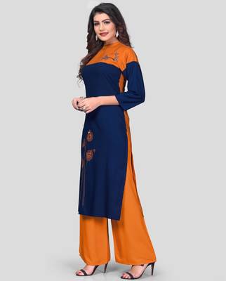 Blue & Orange Embroidered Rayon Stitched Straight Women's Kurta With Palazzo Set 4
